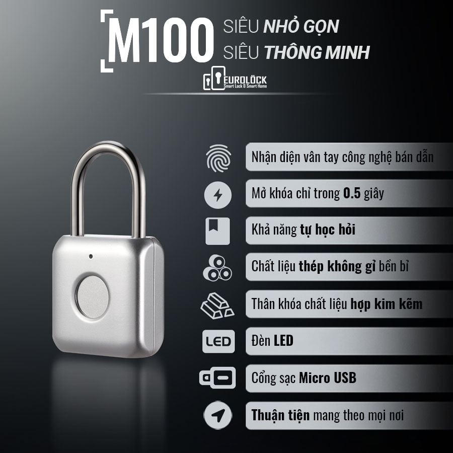 Khóa móc bấm mở bằng vân tay cao cấp của Eurolock